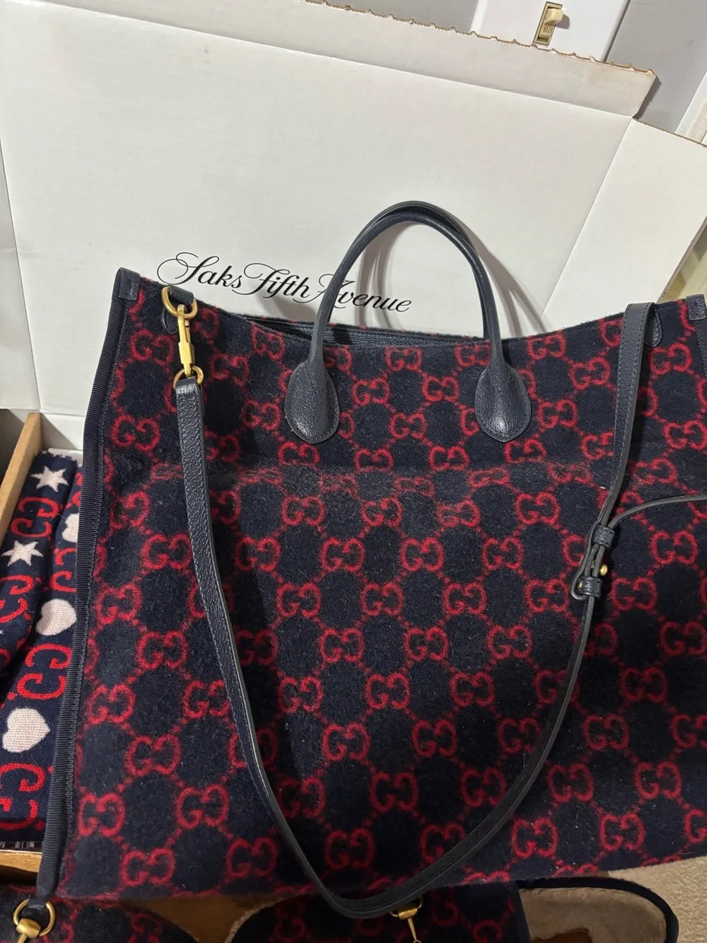Gucci Navy and Red GG Wool Tote with Leather Trim